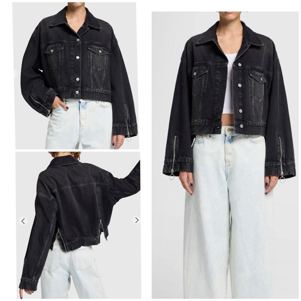 7 For All Mankind M Cropped Black Denim Jacket Zip Detail Luxury $398 - Picture 11 of 11